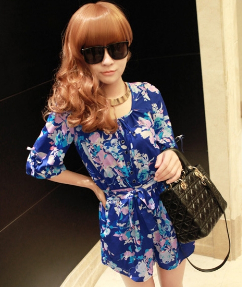 2013 Summer women fashion middle length sleeve blue single-breasted chiffon flowers printing Rompers jumpsuit