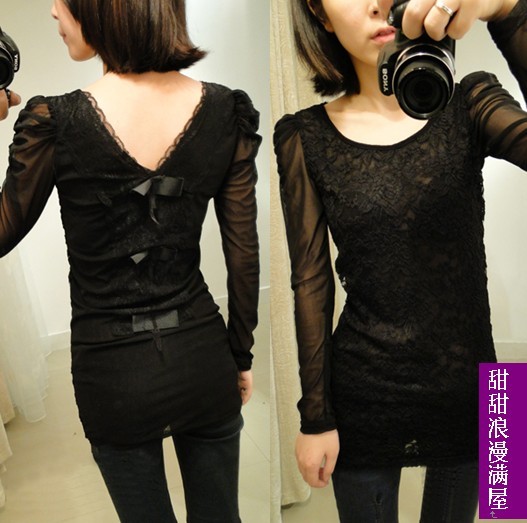 2013 summer women's 131820 back bow puff sleeve slim lace long-sleeve basic shirt