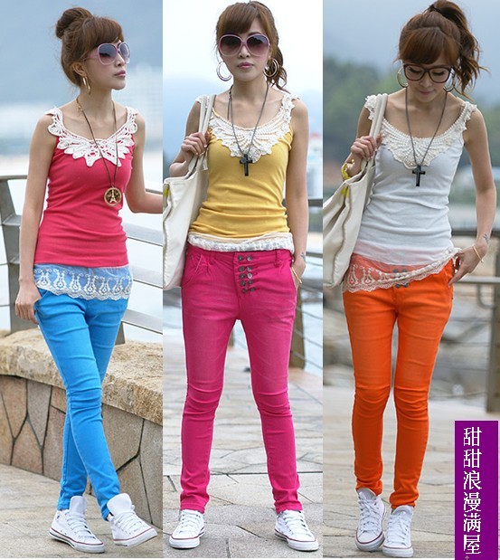 2013 summer women's 379200 multi-button casual slim colored pencil pants denim trousers