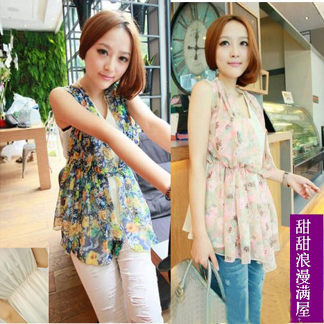 2013 summer women's 469619 sweet flower color block decoration faux two piece sleeveless double layer chiffon shirt