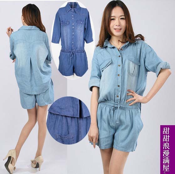 2013 summer women's 878188 fashion casual loose denim jumpsuit shorts jumpsuit