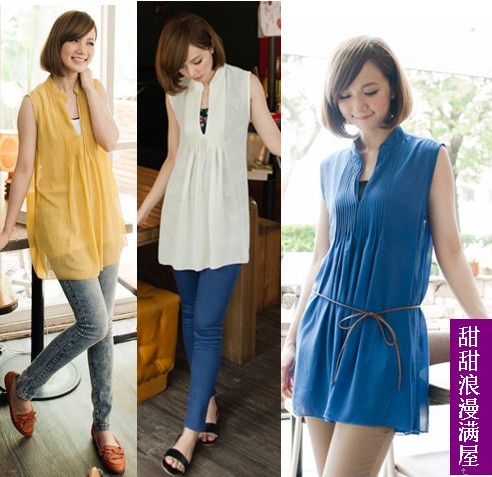 2013 summer women's 893103 pressure pleated casual solid color sleeveless chiffon shirt top belt