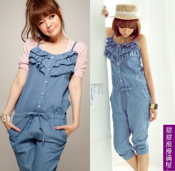 2013 summer women's 9152 ruffle collar denim jumpsuit