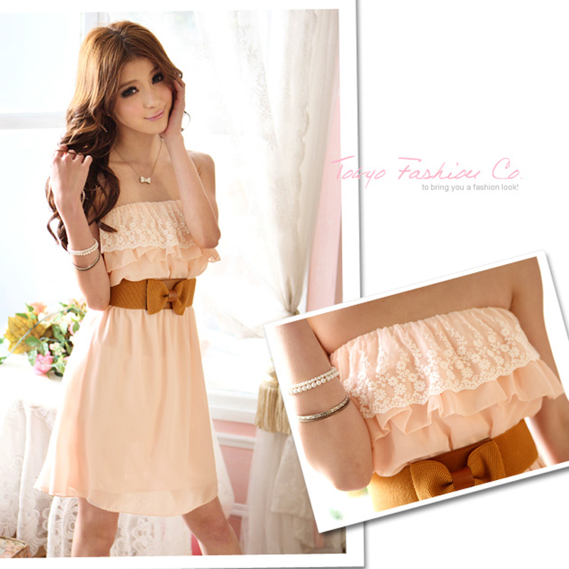 2013 summer women's all-match strapless slit neckline tube top chiffon  dress dress with belt for lady prom