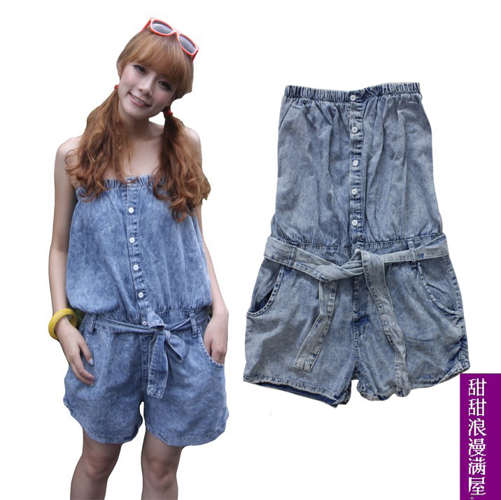 2013 summer women's c4409 casual water wash light blue tube top denim jumpsuit shorts