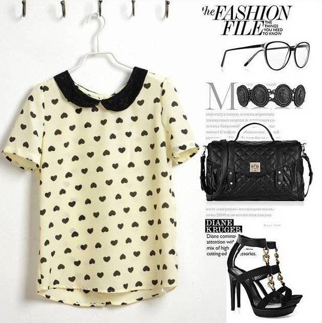 2013 summer  women's  chiffon heart printed t shirt stylish tees peter pan collar European style irregular cute blouse