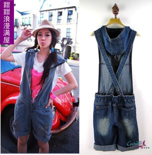 2013 summer women's d703 zipper with a hood Dark Blue denim suspenders jumpsuit capris