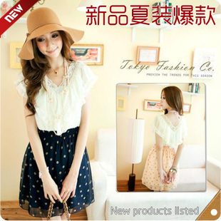 2013 summer women's dot lace V-neck laciness patchwork polka dot chiffon short-sleeve dress
