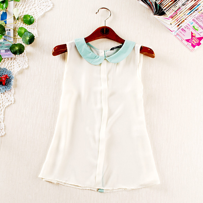2013 summer women's fashion fresh pattern peter pan collar sleeveless vest perspectivity chiffon shirt blouse