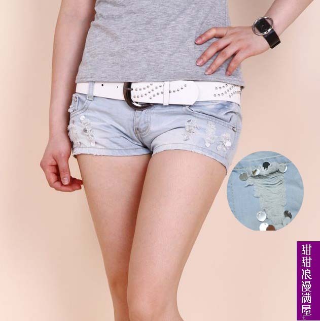 2013 summer women's g708 sexy paillette hole light blue denim shorts belt