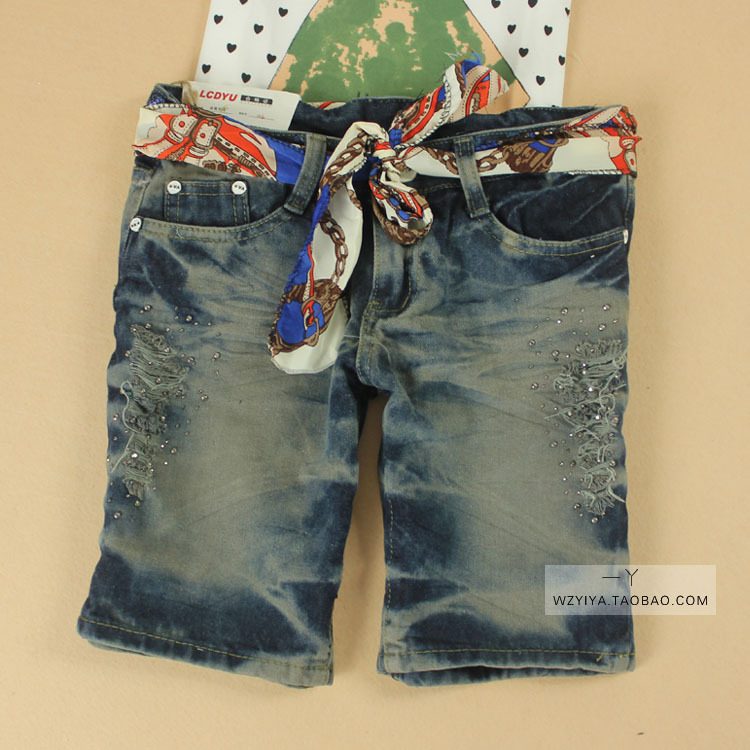 2013 summer women's loose straight jeans denim shorts distrressed hole rhinestones