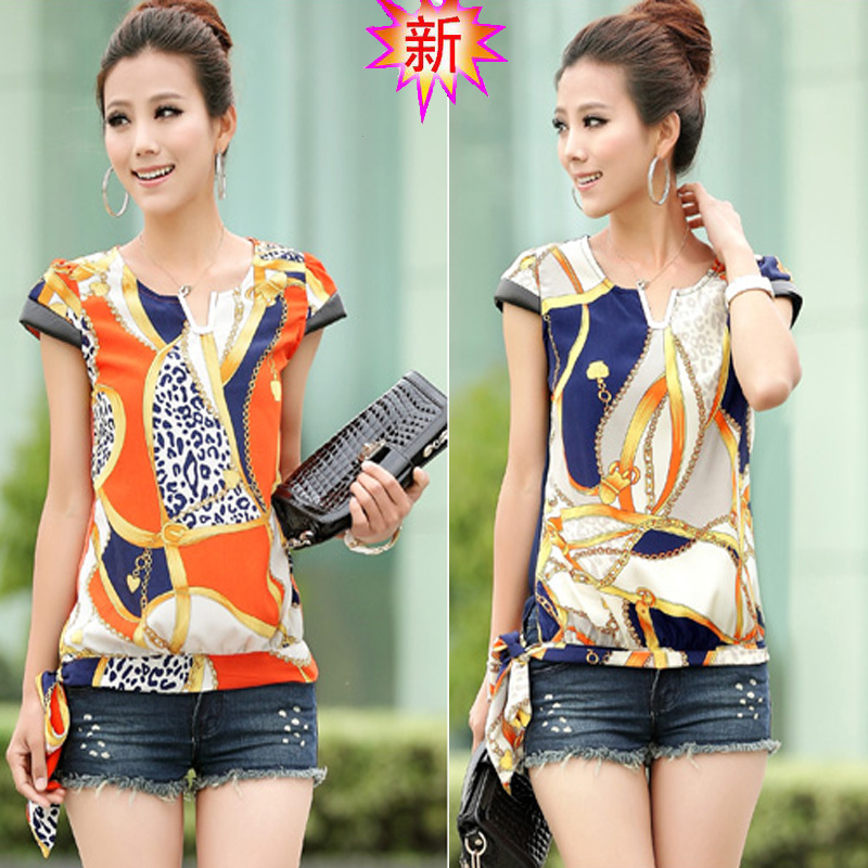 2013 summer women's patchwork shell vintage print top short-sleeve chiffon shirt 3936