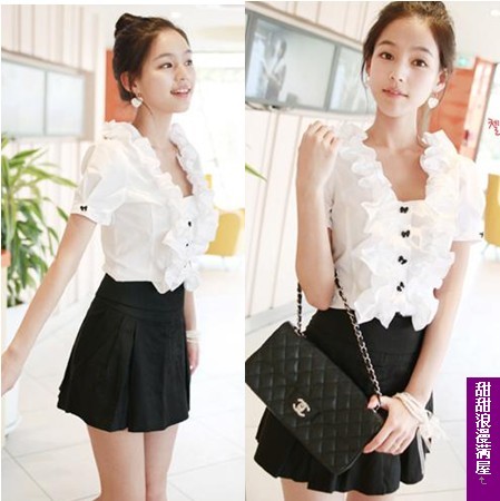 2013 summer women's sweet bow ruffle laciness collar button shirt 1426 high quality