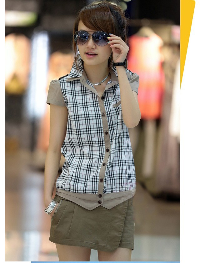 2013 Summer Women Scotished Plaid Short Sleeve Shirt Casual Cotton Epaulet Blouse Top M,L,XL Freeshipping