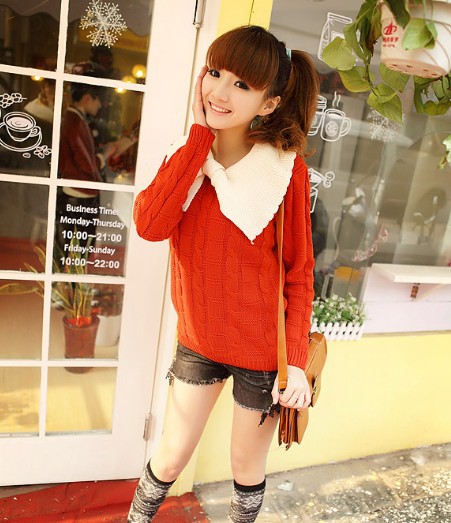 2013 sweater vintage big bow turn-down collar twisted sweater outerwear women's