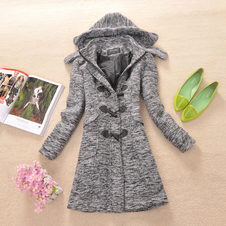 2013 sweet all-match horn button hooded blending medium-long woolen overcoat outerwear - 1.25