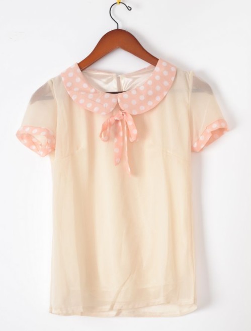 2013 sweet elegant peter pan collar chiffon shirt puff sleeve bow chiffon short-sleeve shirt female