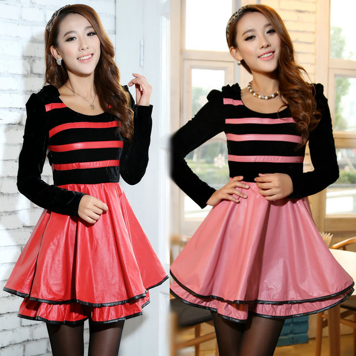 2013 sweet female slim velvet water washed leather one-piece dress