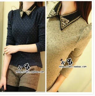 2013 sweet gorgeous embroidery rhinestone puff sleeve basic sweater casual women's top