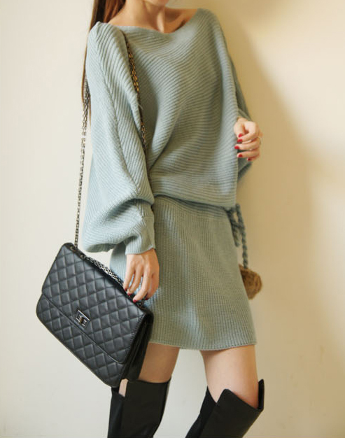 2013 sweet oblique batwing sleeve wool ball bands medium-long sweater one-piece dress slim hip skirt