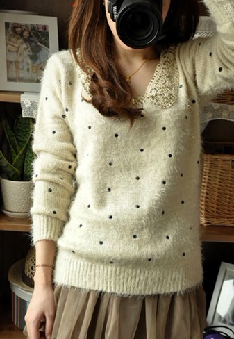 2013 sweet peter pan collar hippocampus wool vintage loose short design paillette sweater 902 beige