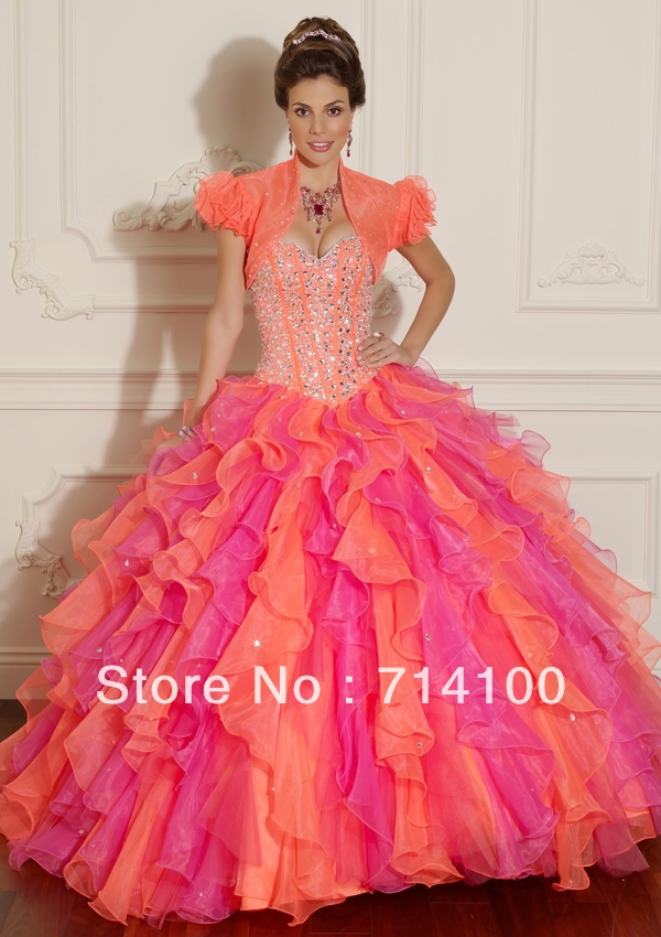 2013 Sweetheart Beading Above the waist Lower half Pleated Ruched Floor length Tiered Ball Gown Quinceanera Dress With Jacket