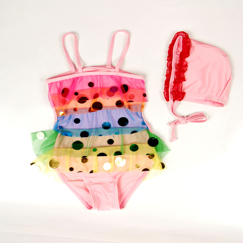 2013 swimwear child swimwear female child one-piece swimsuit colorful paillette gauze skirt swimming cap