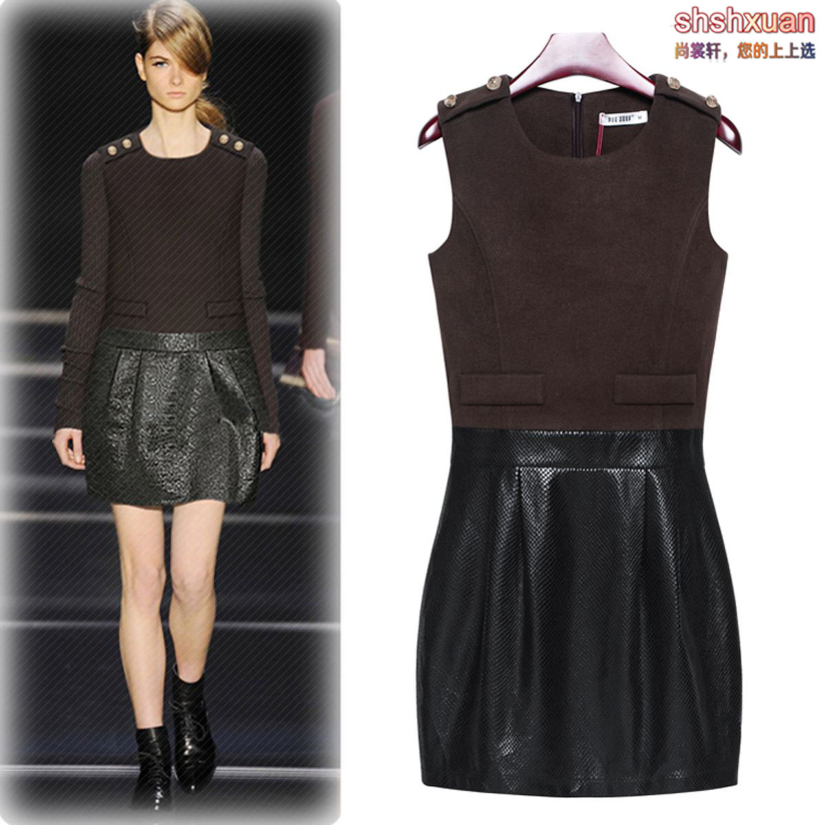 2013 T quality 2013 autumn and winter women plus size slim woolen one-piece dress leather skirt