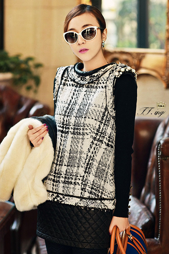 2013 the lattice Liangsi diamond beaded leather stitching Zhuhua sleeveless vest skirt dress
