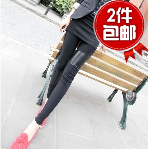 2013 thickening asymmetrical patchwork warm pants faux leather patchwork women's tight legging