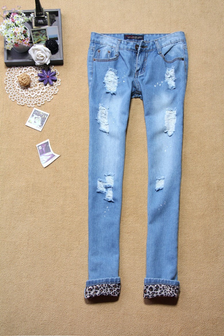 2013 thin hole jeans leopard print Women roll-up hem trousers hole pants 3015