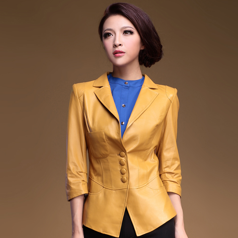 2013 three quarter sleeve suit collar sheepskin genuine leather clothing female slim outerwear