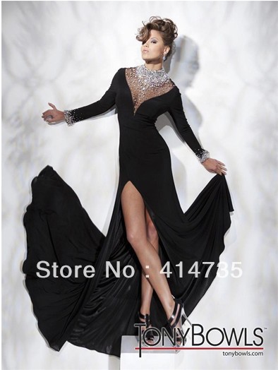 2013 Tony Bowls Black Long Sleeve High Neck Crystal Beaded Chiffon Watteau Train Front Spilt Prom Gowns Evening Dresses