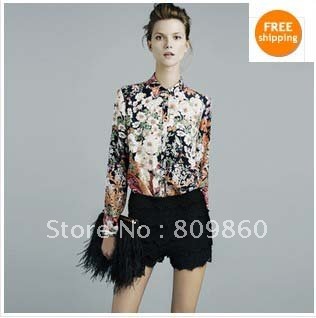 2013 Top brand style women's Retro pattern Polyester fiber shirt / long sleeve tutn-down collar blouse +free shipping