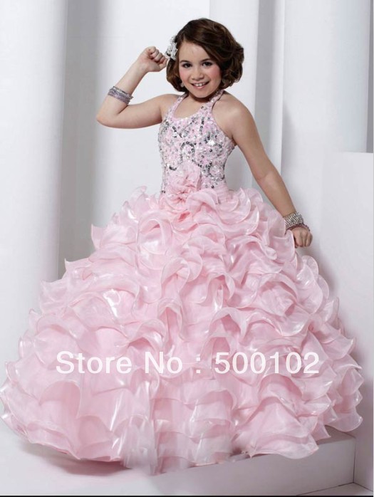 2013 Top Sale Princess Hot Pink Ball Gown Halter Floor Length Beaded Multi Layered Ruffled Organza Girls Puffy Dresses