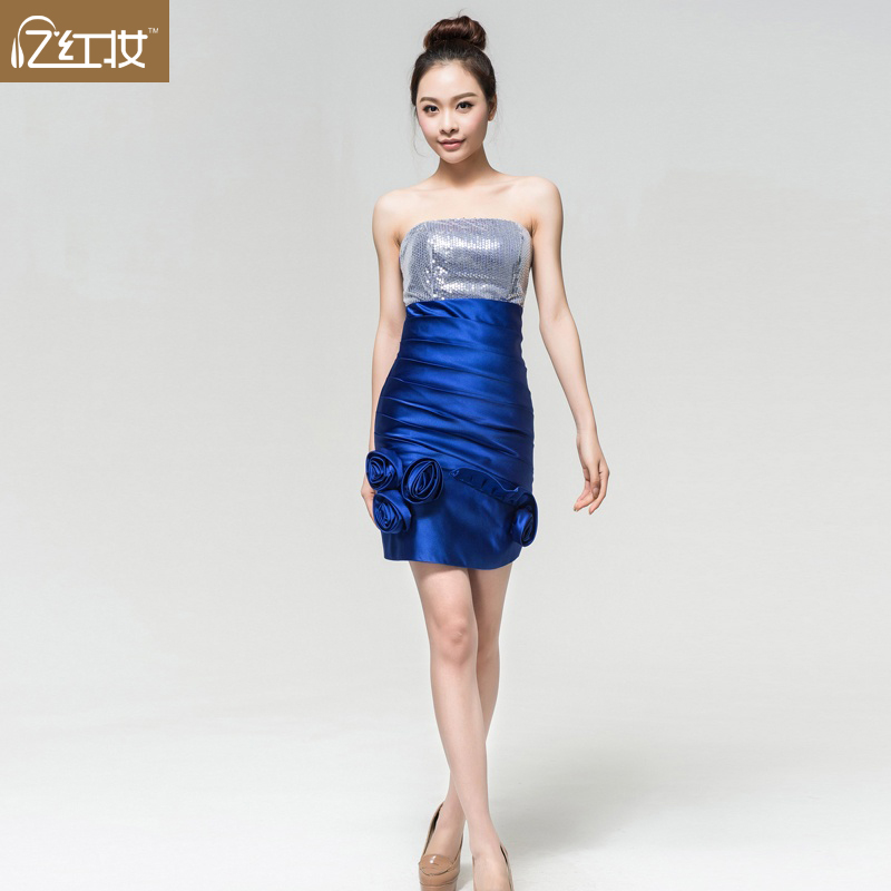 2013 tube top short design bridesmaid dress blue dinner formal dress