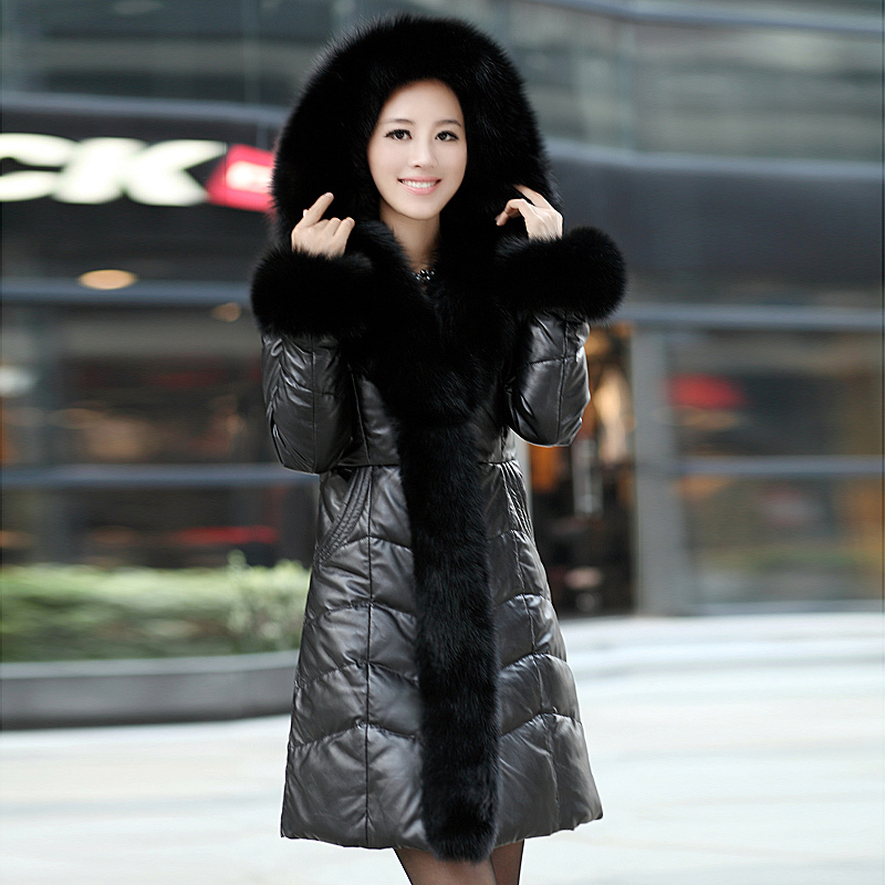 2013 ultralarge fox fur hooded genuine leather down coat leather white duck feather down jacket