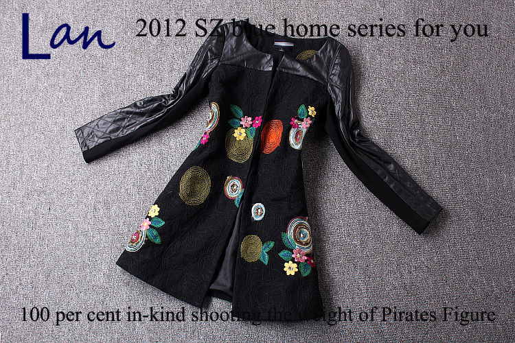 2013 Valentine Fashion embroidery disk flowers PU patchwork wool coat medium-long trench outerwear women's