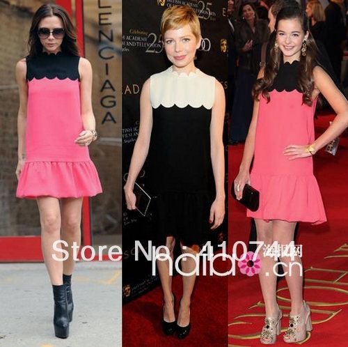 2013 victoria beckham New Fashion Ruffles patchwork party dress women Celebrity dresses high quality hot selling free shipping