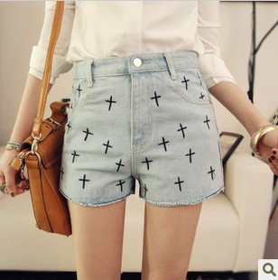 2013 Vintage Embroidery Cross Summer Blue Lady's High Waist Jeans Shorts Fashion Women Denim Shorts