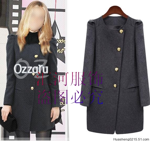 2013 welcome new special,Oblique placket Design of personalized shoulders fold Long coat,Golden buckle woolen coat women