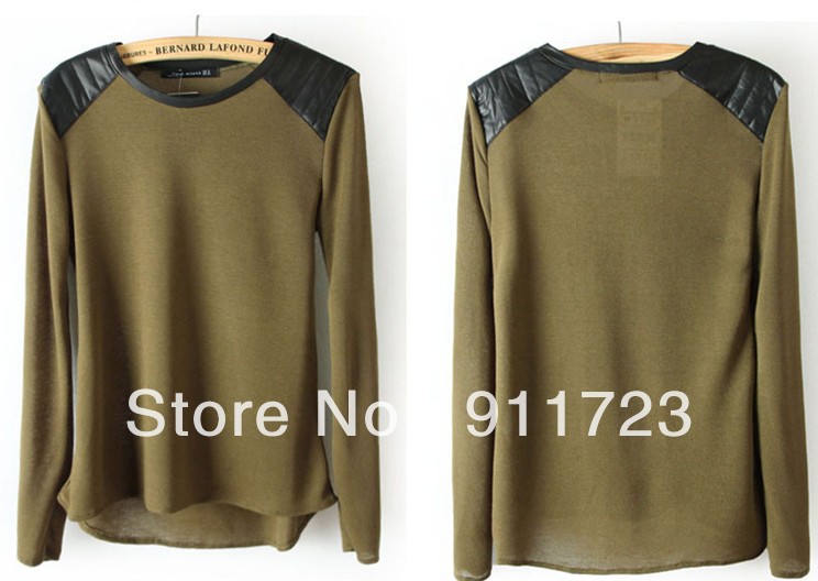 2013 Western Brand New Round Neck Long Sleeve Leather Shoulder Patchwork Knitting Pullover For Women Free Shipping