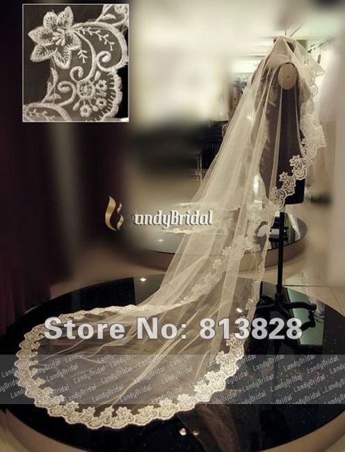 2013 White beige elegant lace applique the bride long veil ac0007