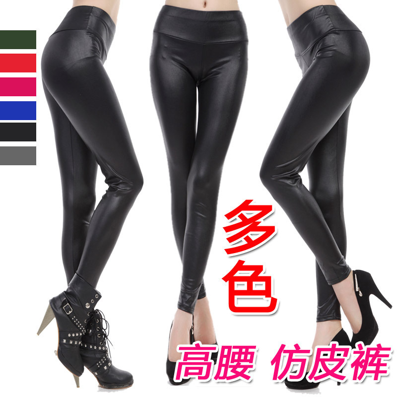 2013 wholesale fall in women large size faux leather high waist and abdomen women's pants leggings fashion punk