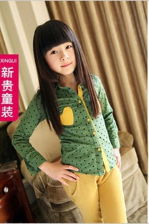 2013 Wholesale New style Spring cotton Children Long sleeve 4-12 Age Polka dot Girls blouses Free Shipping
