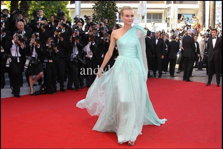 2013 Wholesale - The 65th Cannes Red Carpet One-shoulder Flowing Ruched Poly Chiffon Celebrity Dresses Prom Dresses