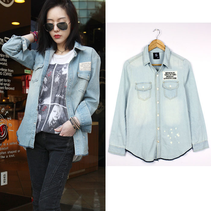 2013 Wholesale10pcs Han edition shirt  Water spray white badge women cotton joker cowboy shirt cowboy long coat  Free shipping