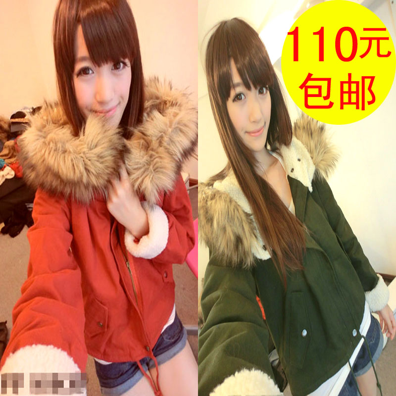 2013 winter fashion large fur collar with a hood slim thickening plus velvet berber fleece short design coat female