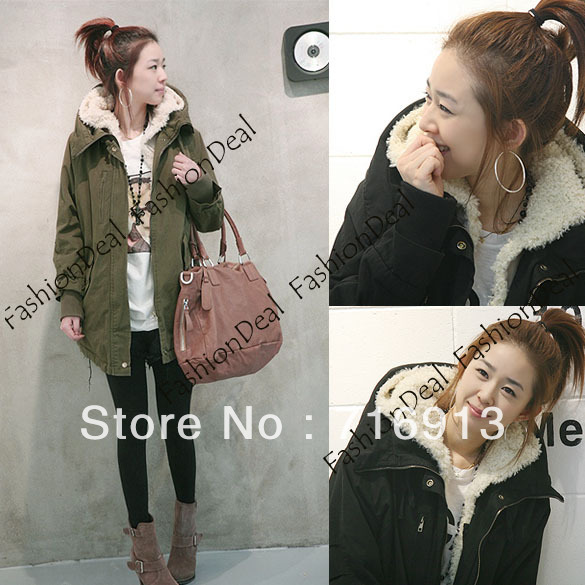 2013 winter fashion women's coat with a hoody thermal wadded jacket cotton-padded coat Black, Amy green Free shipping 9276