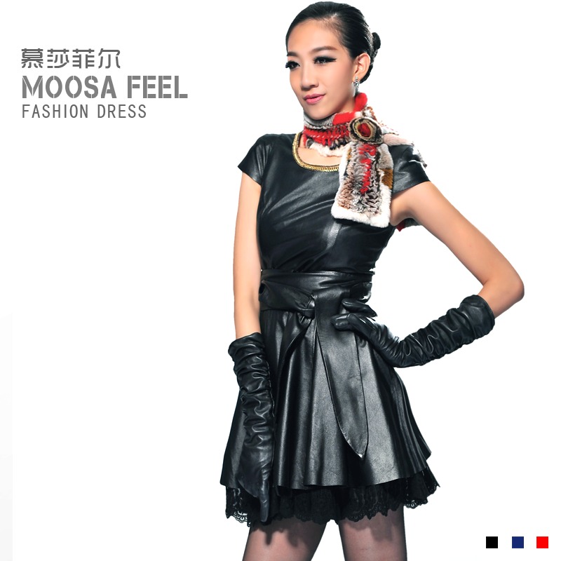 2013 winter genuine leather one-piece dress lace short-sleeve leather skirt sheepskin slim skirt